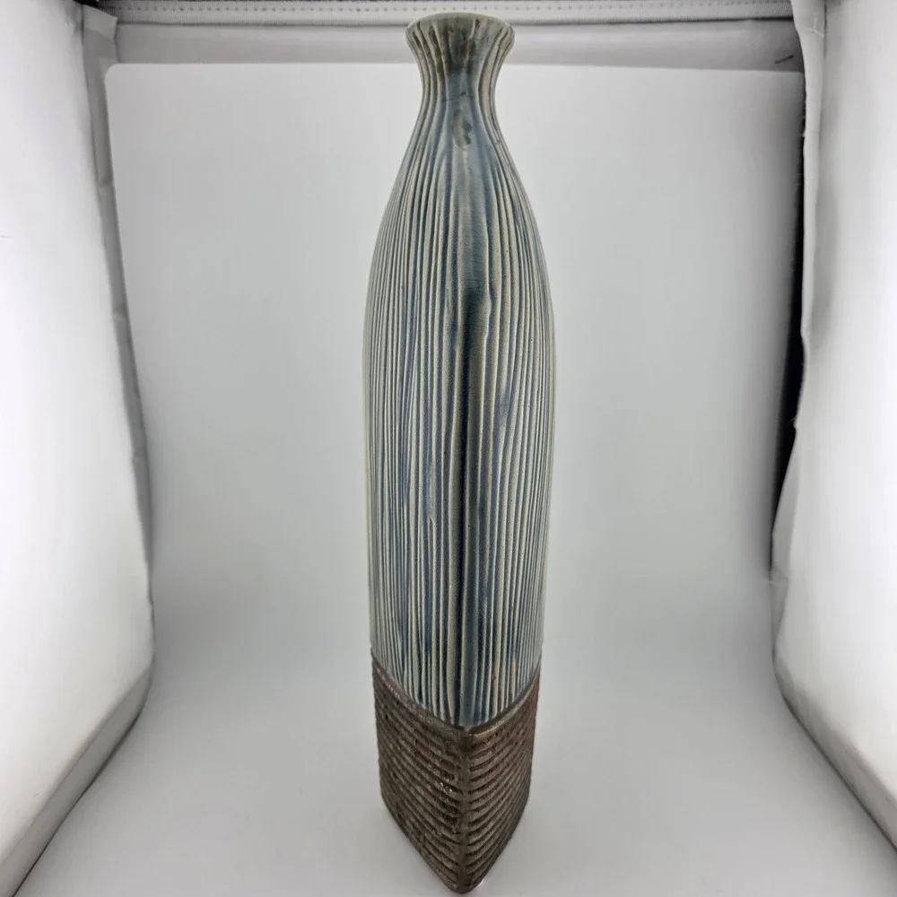 Pier 1 Decorative Vase Ribbed Ceramic Asymmetrical Blue Brown Excellent  Decor